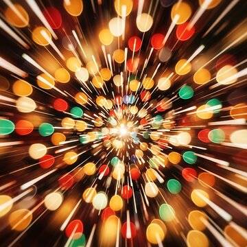 Vibrant bokeh lights explode outwards, creating a dazzling, starry tunnel effect