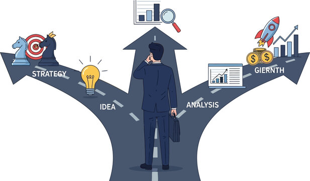 Businessman standing at a road fork choosing between business strategy, creative ideas, data analysis, and growth