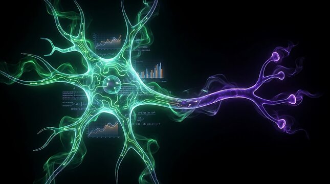 neuron cell with glowing branches purple green biological structure network science medical research data charts