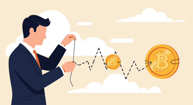 Businessman stitching a digital currency growth chart with needle and thread in a flat vector illustration