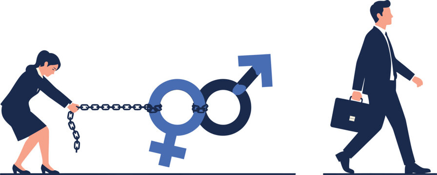 Businesswoman pulling gender symbols with chain while businessman walks away representing workplace inequality and career gender gap