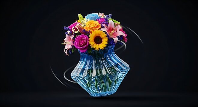 Vibrant bouquet of assorted flowers in a modern blue glass vase, set against a dark background
