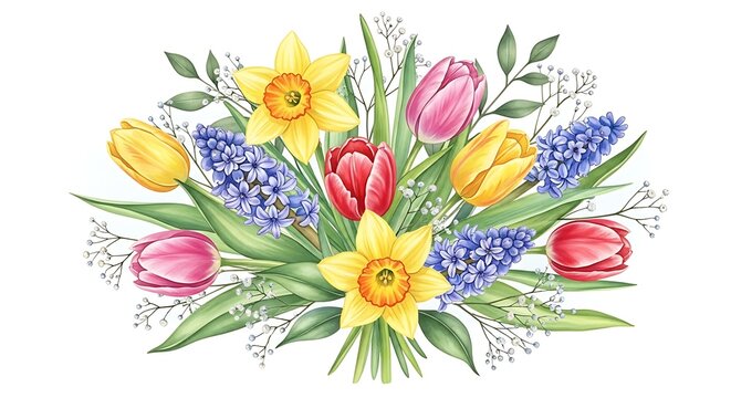 Vibrant bouquet of blooming yellow daffodils, pink and red tulips, and blue hyacinths