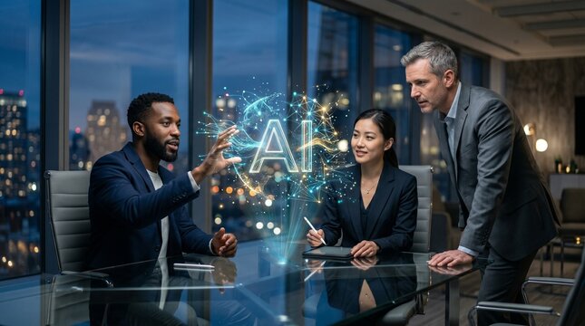 Multicultural Business Team Analyzing Global AI Network Visualization in Contemporary Corporate Meeting Space