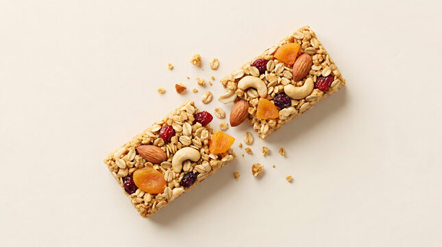 Close-up of healthy nut and oat energy bars with dried fruits on white background