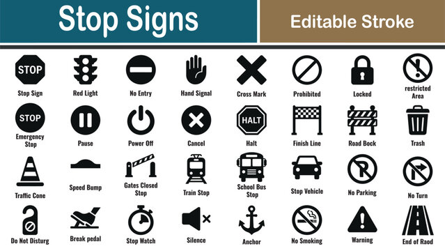Stop signs vector illustration diverse prohibition warning symbols with editable stroke
