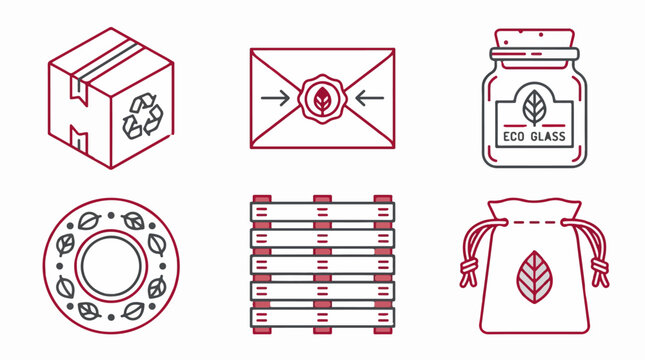 Set of six eco friendly packaging icons featuring a cardboard box an envelope a glass jar a wreath a wooden pallet and a fabric drawstring bag