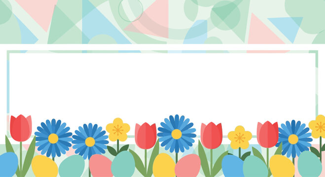 Easter greeting card frame with colorful spring flowers and painted eggs in a flat vector illustration style