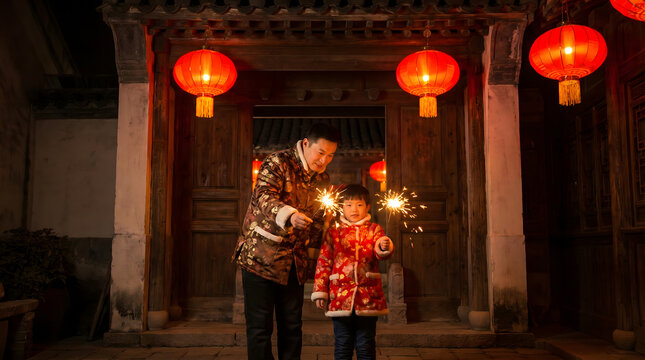 father and son celebrating chinese new year with fireworks in front of ancient building