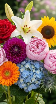 Vibrant bouquet of diverse colorful flowers, close-up, soft light, natural