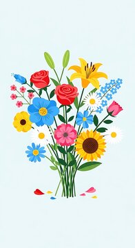 Vibrant bouquet of diverse wildflowers and foliage on pale blue background