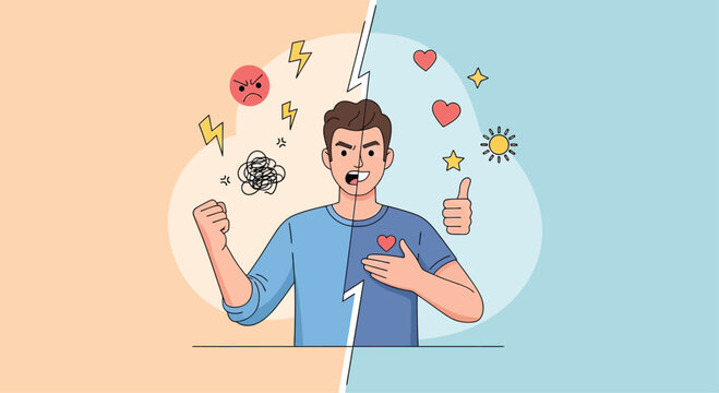 Man with split personality showing mood swings between anger and happiness with icons in flat vector illustration