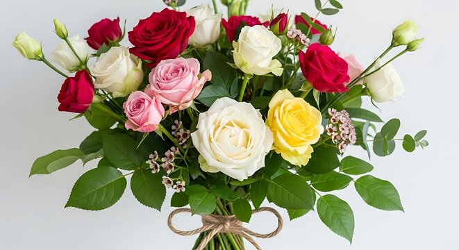Vibrant bouquet of mixed roses in various colors, tied with twine