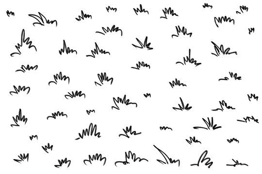 Hand drawn grass doodle elements set on white background Minimalist line art grass icons collection for landscape design Abstract black ink grass sketch pattern backg