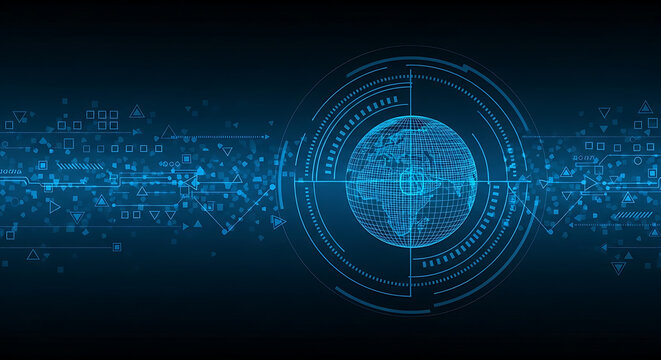 Digital global network and high tech data information interface with glowing blue earth map concept technology connection internet futuristic communication cyberspace information intelligence