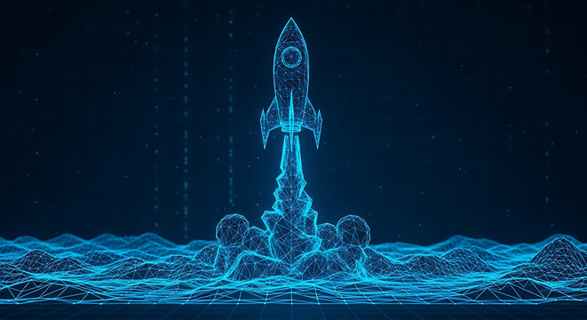 Futuristic rocket launch icon made of glowing blue digital particles and polygons representing startup success with technology innovation particles business achievement progress abstract