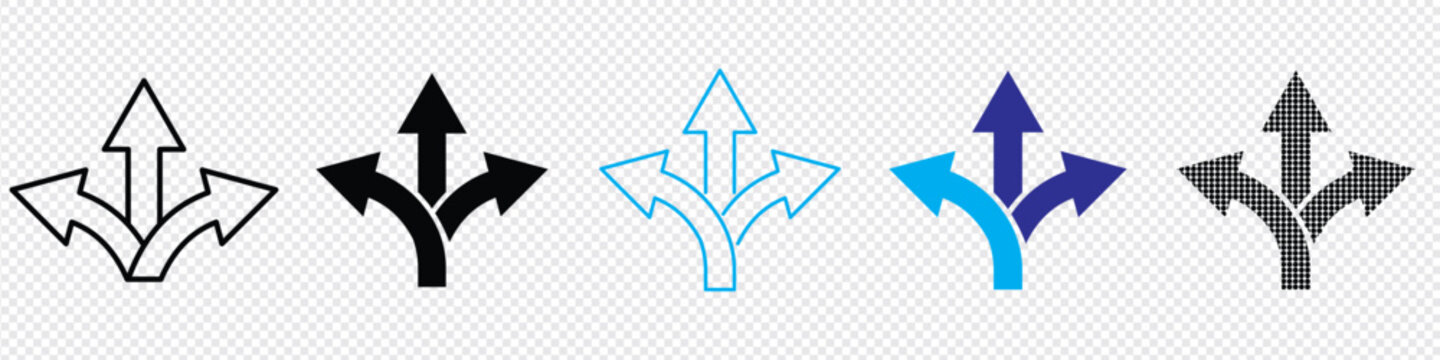 Direction arrow icon with multiple paths. Choice and decision making symbol. Strategy, planning and alternative route concept. Way, road, direction, branching, arrows - stock vector.