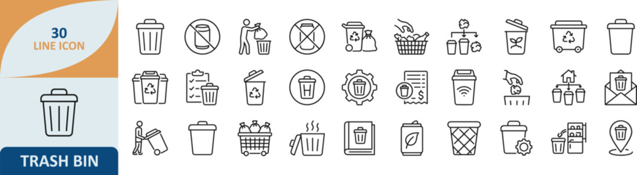 Trash bin and waste management icons set with recycling disposal environment cleaning pollution container sanitation management protection sustainability recyclable trashcan dumpster