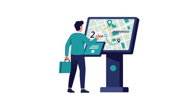 Businessman Using Digital Map Kiosk for Urban Navigation and Wayfinding - Modern Flat Illustration of a Traveler Finding Directions in a City Mall or Airport