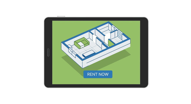 Real Estate App on Tablet Showing 3D Isometric Apartment Floor Plan with Rent Now Button. Online Property Search and Rental Service Concept Illustration.