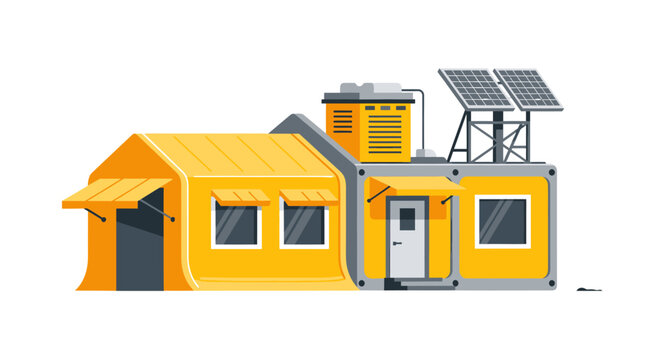 Modern Yellow Modular Container House with Solar Panels - Sustainable Tiny Home Vector Illustration