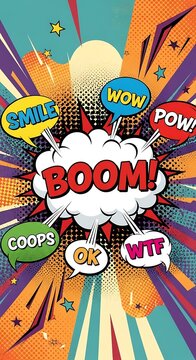 Vibrant comic explosion with "BOOM!" speech bubble and colorful words