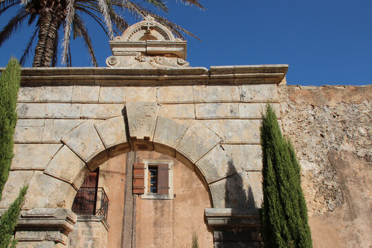gate and common in an orthodox monastery (arkadi) in crete in greece 
