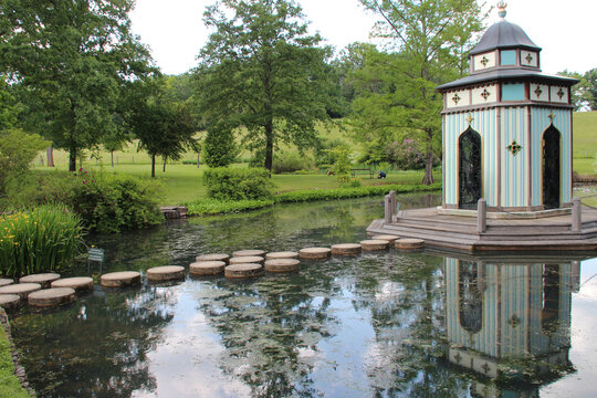 folly and lake in a park in apremont-sur-allier in france