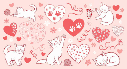 White Cats and Hearts Illustration Set. © Kancil