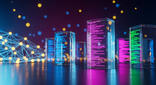 Glowing blocks of computer code and digital data visualizations floating in a futuristic virtual space with a network background technology software programming internet cyberspace information