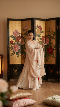woman wearing hanfu posing gracefully in front of screen