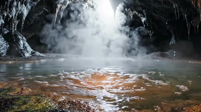 Steaming cave pool with stalactites and mineral deposits