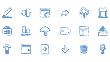 Fototapeta premium Collection of blue hand drawn icons featuring a pen, wallet, cloud, umbrella, and other diverse symbols.
