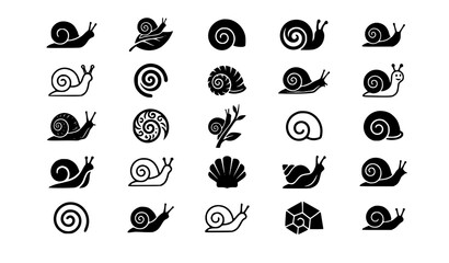 Snail Silhouette Icon Set with Spiral Shell Shapes and Garden Gastropod Symbols for Nature Biology Slowness and Skincare Branding Vector Design © Hosneara