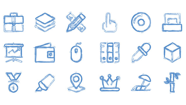 Selection of blue hand drawn icons including a briefcase, layers, pencil, pointer, and medal symbols.