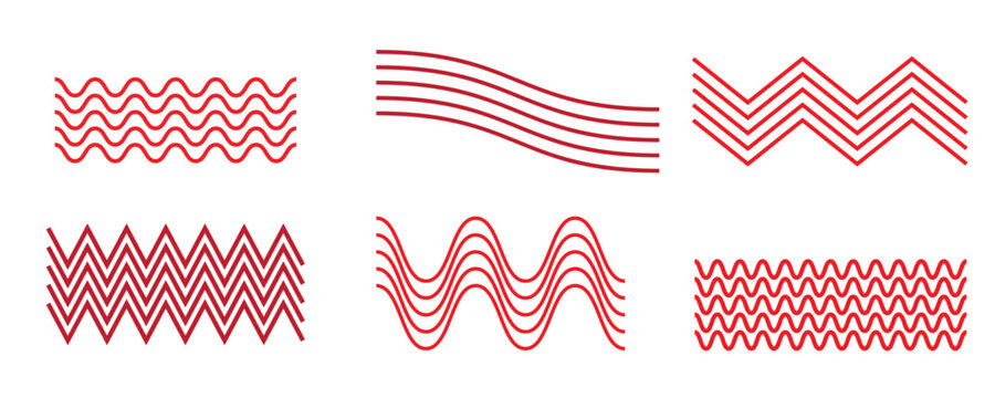 Abstract white background featuring a decorative set of red geometric wavy, curved, and zigzag line patterns. Minimalist parallel stripe elements for creative graphic design templates.