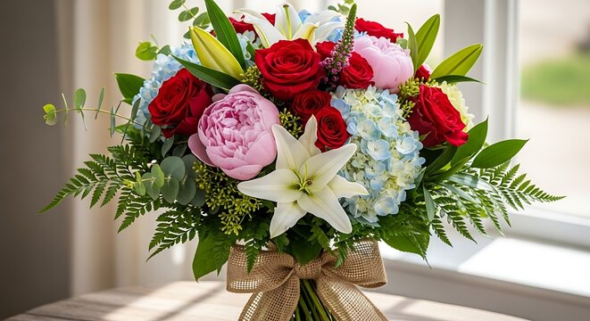 Vibrant bouquet of roses, lilies, peonies, hydrangeas, and ferns with burlap bow