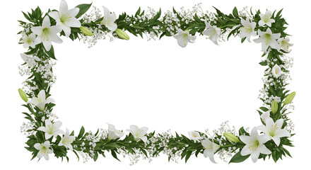 Fototapeta premium Elegant White Lily and Green Leaf Floral Frame isolated PNG with Transparent Background