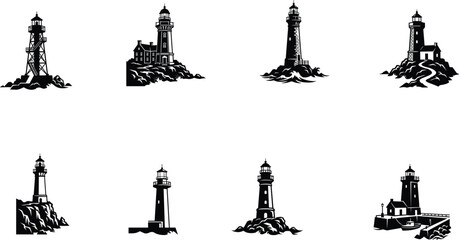 Lighthouse Silhouette Collection Featuring Coastal Beacons, Maritime Navigation Towers and Seaside Landmark Illustrations for Marine Safety © MdShahin