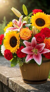 Vibrant bouquet of sunflowers, lilies, roses, and carnations in a wooden bucket