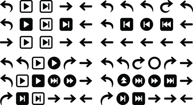 Media Control Buttons and Navigation Arrow Icons Collection for User Interface Design, Multimedia Applications and Digital Platforms