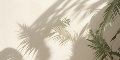 Tropical palm leaf shadows on textured beige wall in warm sunlight creating a natural summer background © SFahad