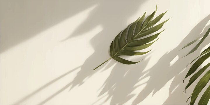 Soft tropical palm leaf shadow overlay on warm beige cream wall background with natural light and blur effect for product display, summer poster, banner, wallpaper, backdrop, template