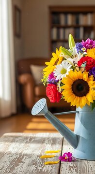 Vibrant bouquet of sunflowers and roses in a watering can on a rustic table