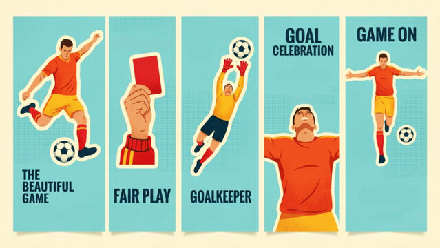 Set of soccer match illustrations depicting fair play referee red card and goalkeeper saves in a vibrant retro color style for sports editorial.