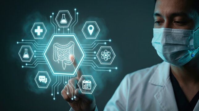 Doctor touching intestine hologram interface medical consultation