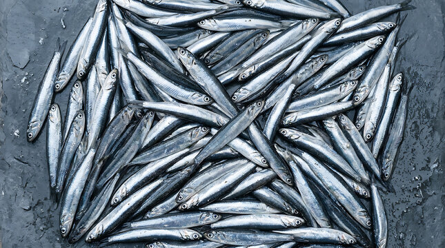 Top View of Fresh Silver Anchovies or Sardines Pile on Grey Slate Background Raw Small Fish for Mediterranean Diet and Healthy Seafood Cooking