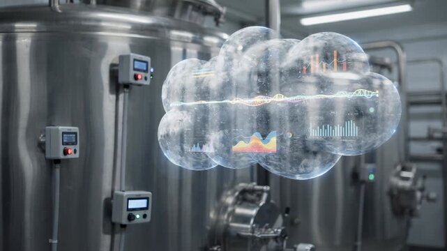Medium shot of a fermentation tank with integrated sensors displaying realtime data on a sleek cloud dashboard highlighting AIdriven process optimization and predictive analytics