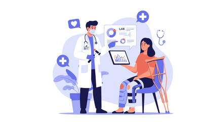 Fototapeta premium Medical Consultation Demonstrating Analysis and Treatment of a Knee Injury with Patient Illustration