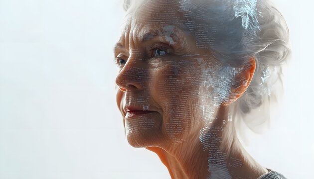 Older woman in front of a data study reflected on her face.